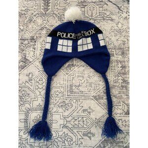 Doctor Who TARDIS Blue Knit Beanie Hat Adult Pom & Braided Tassels Toboggan